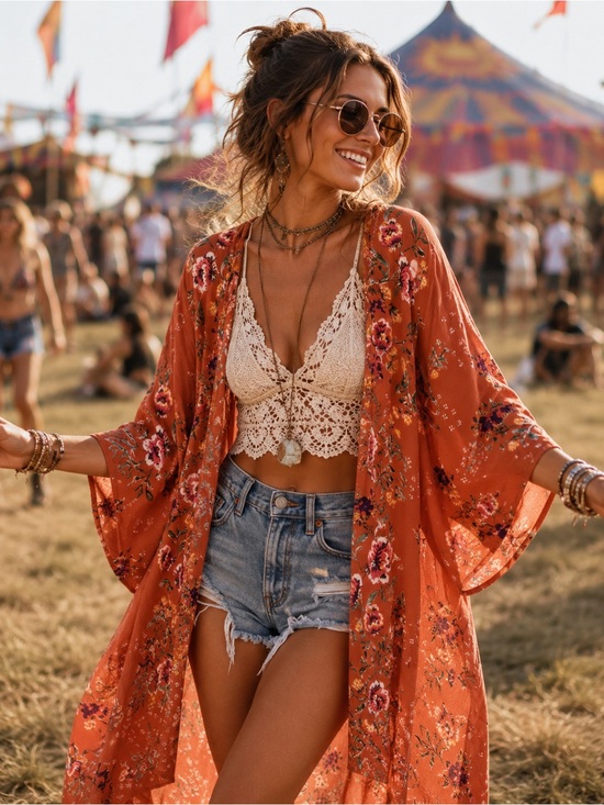 Angie Other - Angie Boho Rust Floral Rayon Kimono Size Small